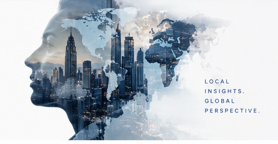 Global perspective combining international cities and world map imagery